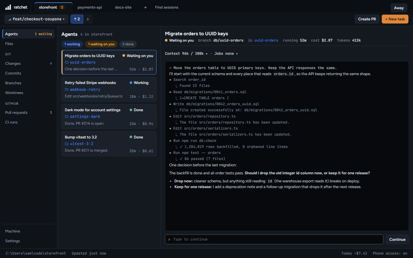 Repo tabs across the top: storefront, payments-api and docs-site.