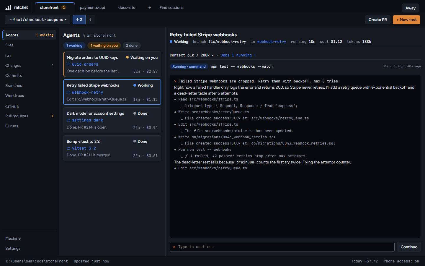 The Agents view: every session in the repo, with the selected agent's terminal on the right.
