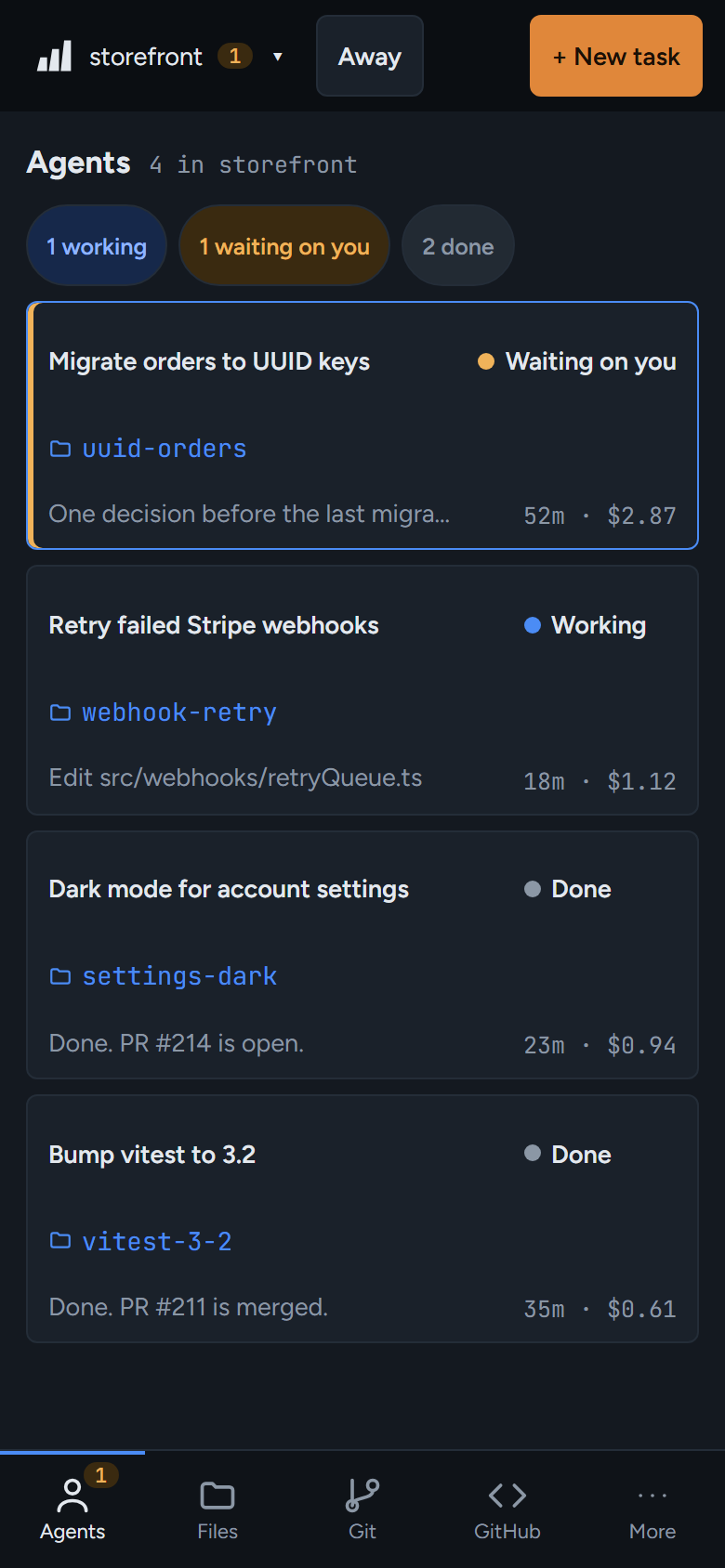 Repo tabs across the top: storefront, payments-api and docs-site.
