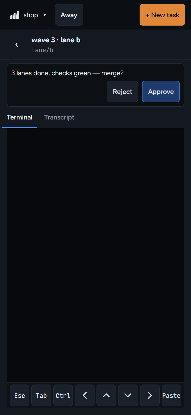 A plugin agent named by its label, with the plugin's question and Reject and Approve.