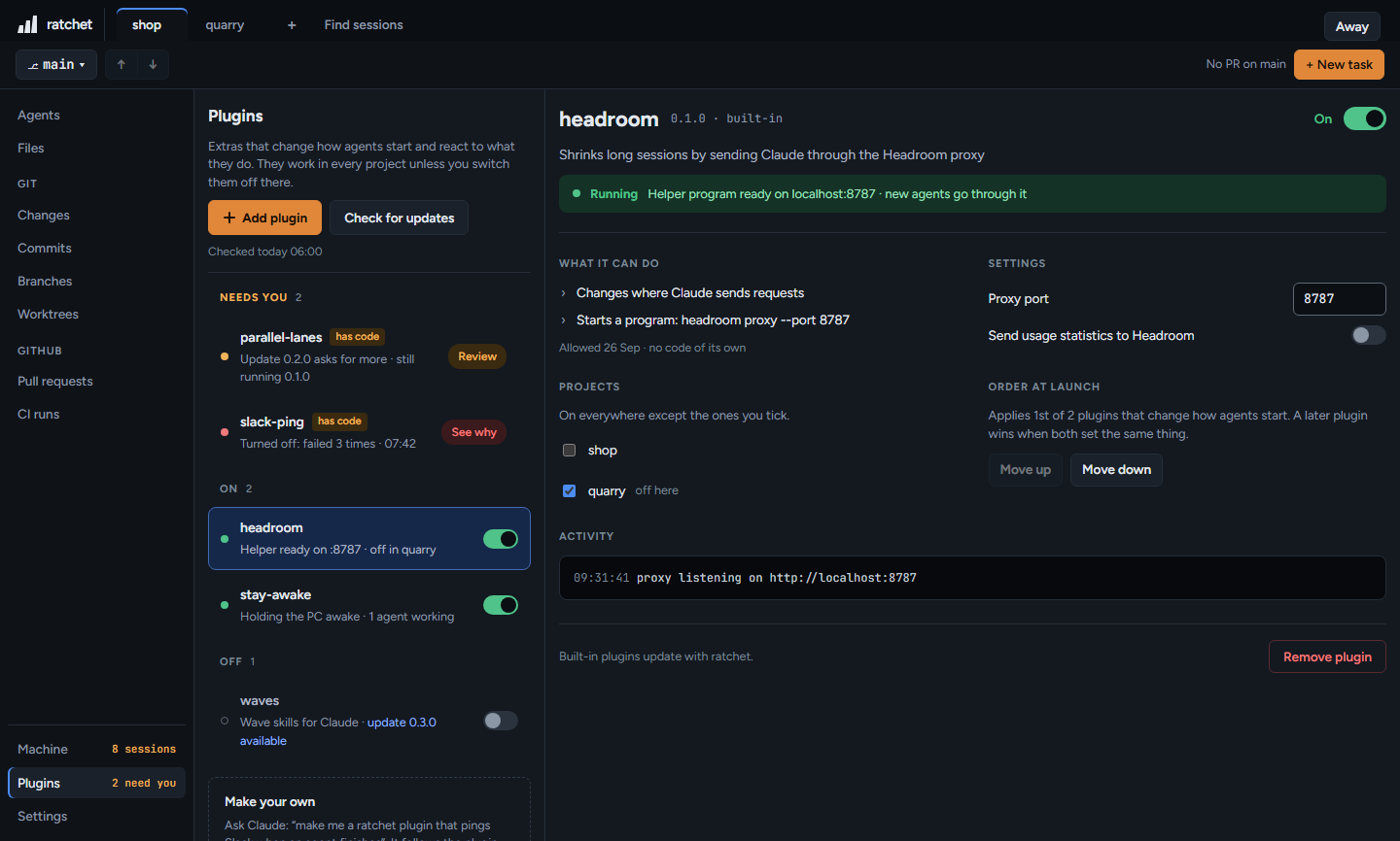 Plugins: the list on the left, grouped by Needs you, On and Off. Headroom is open on the right.