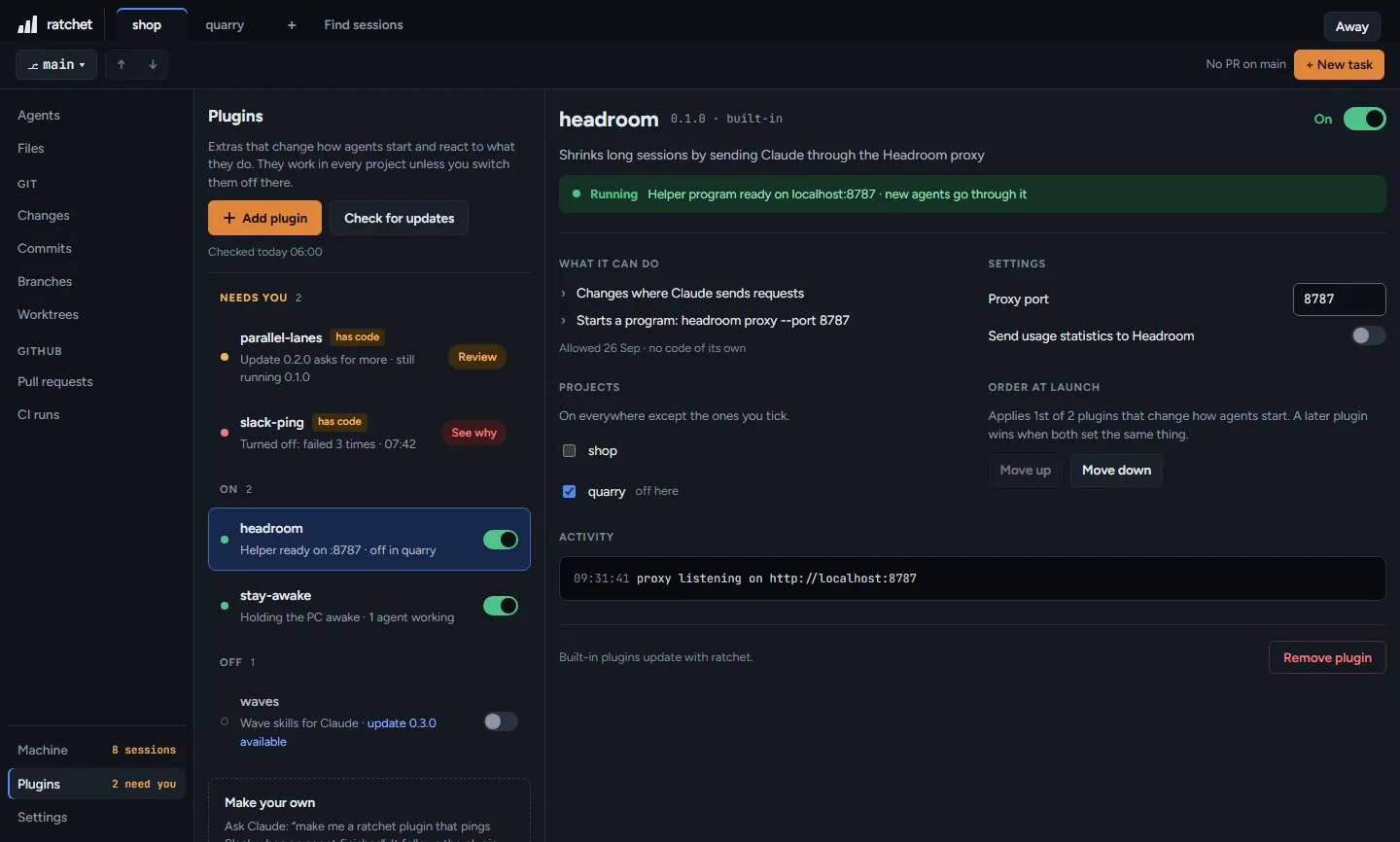 The Plugins page in ratchet: plugins grouped by Needs you, On and Off, with the Headroom plugin open showing its running helper, what it can do, its settings and the projects it is off in.